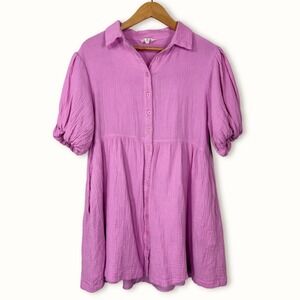 &merci Womens Medium Dress Pink Gauze Puff Sleeve Button Front Babydoll Mini